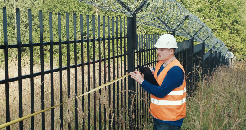 Worker with a measuring tape measure a fence with barbed wire stock photo