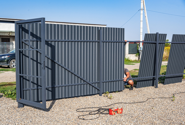 Gate from a profile pipe in the process of assembly at a construction site